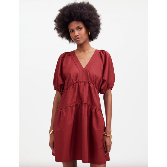 Madewell Puff Sleeve Mini Dress Poplin Claret Burgundy A Line Pockets XL NWT - Picture 2 of 14